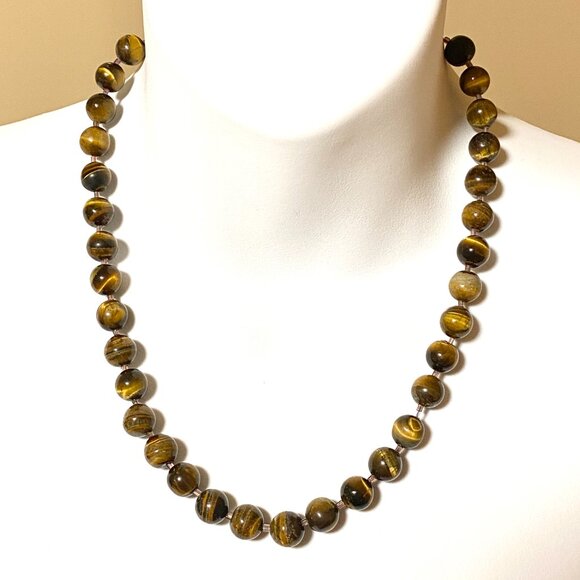 Nature Yellow Brown Tiger's Eye Necklace, Large Genuine Gemstone Beaded Necklace - Picture 2 of 9